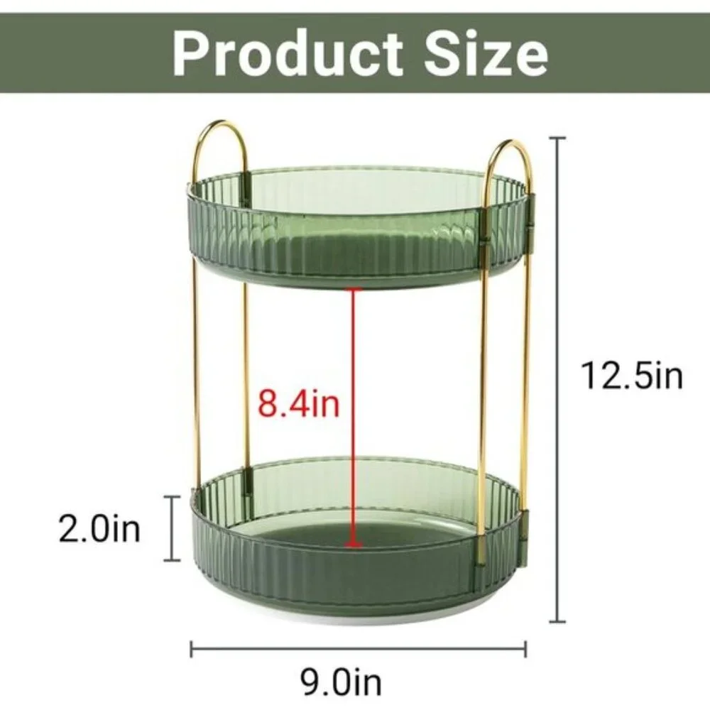 New 360° Rotating Makeup Organizer, 2-Tier Green Vanity & Skincare Storage Rack
